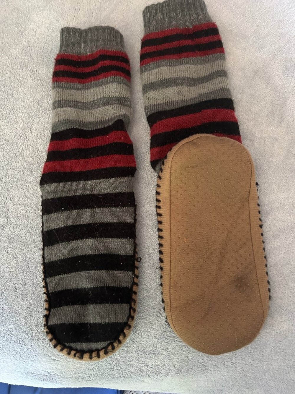 Men's Striped Gripper Slipper Socks - Gray, Black & Red